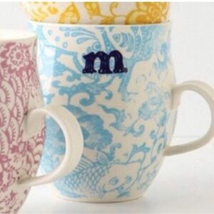 ANTHROPOLOGIE Homegrown Initial “M” Blue Mug Monogram Floral Toile